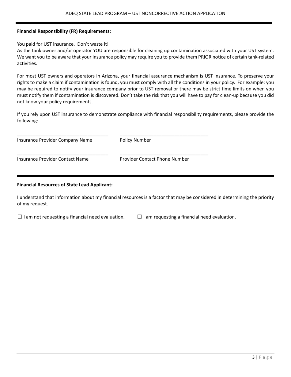 Application Form for Ust Noncorrective Action for Confirmation of Suspected Release - State Lead Program - Arizona, Page 3