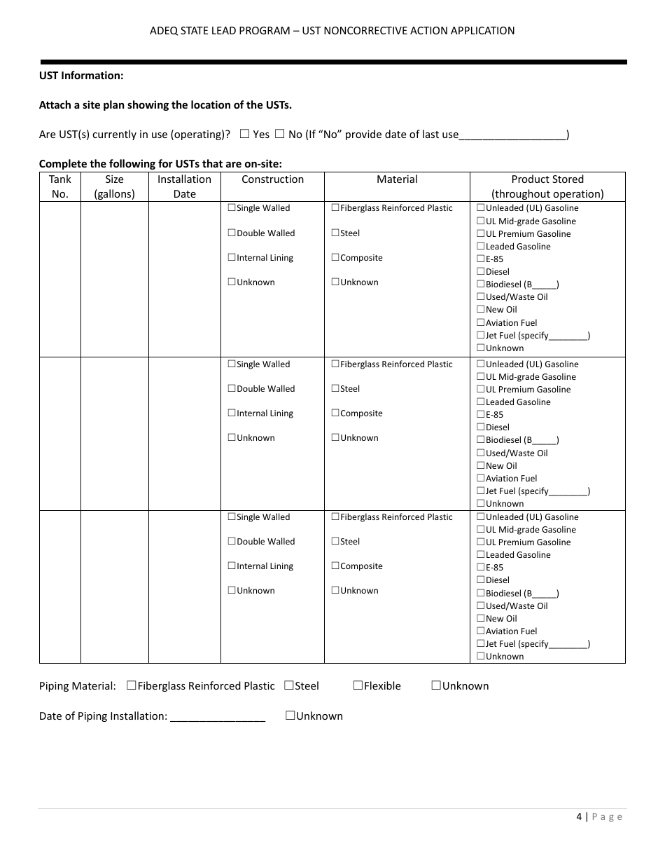 Application Form for Ust Noncorrective Action for Confirmation of Suspected Release - State Lead Program - Arizona, Page 4