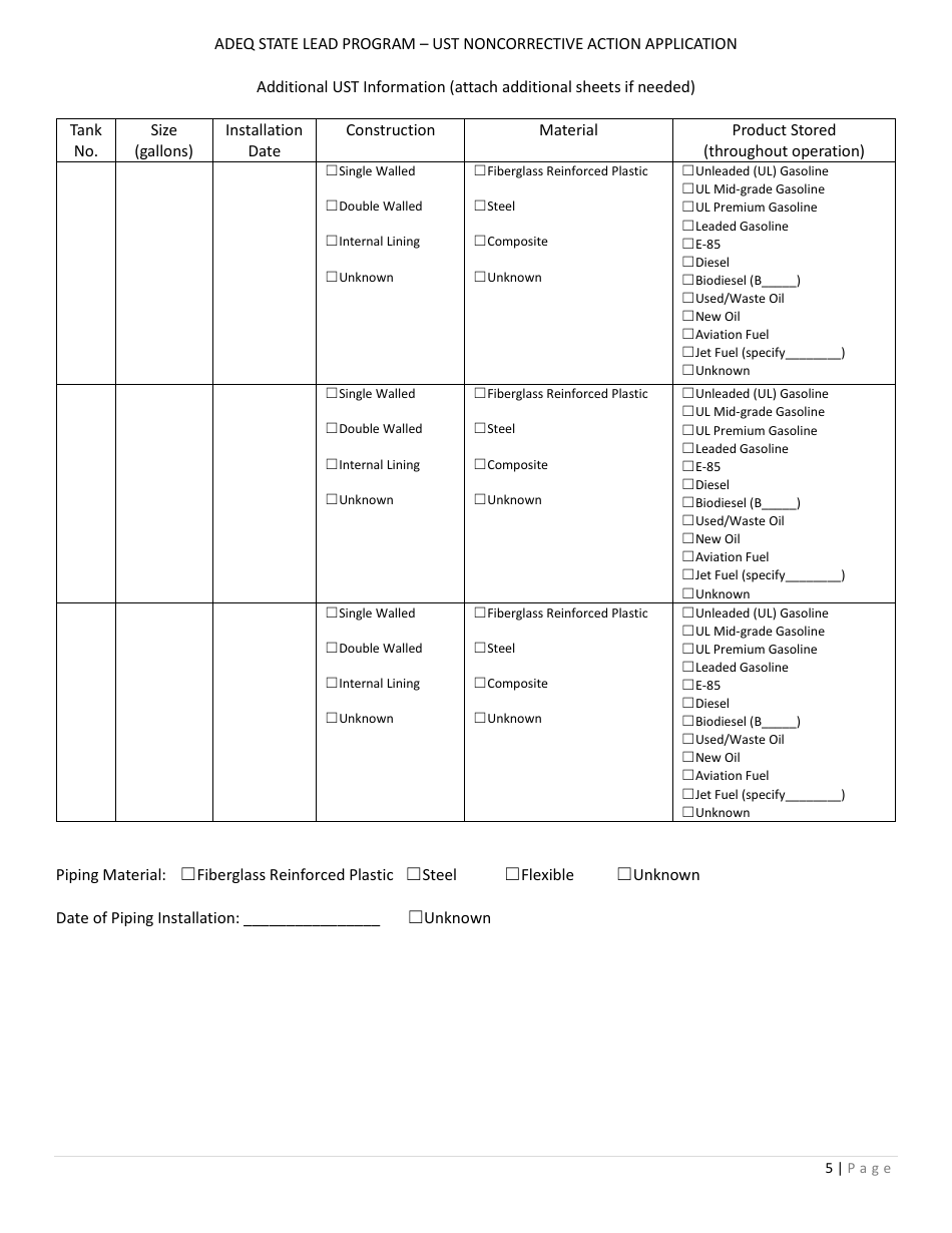 Application Form for Ust Noncorrective Action for Confirmation of Suspected Release - State Lead Program - Arizona, Page 5