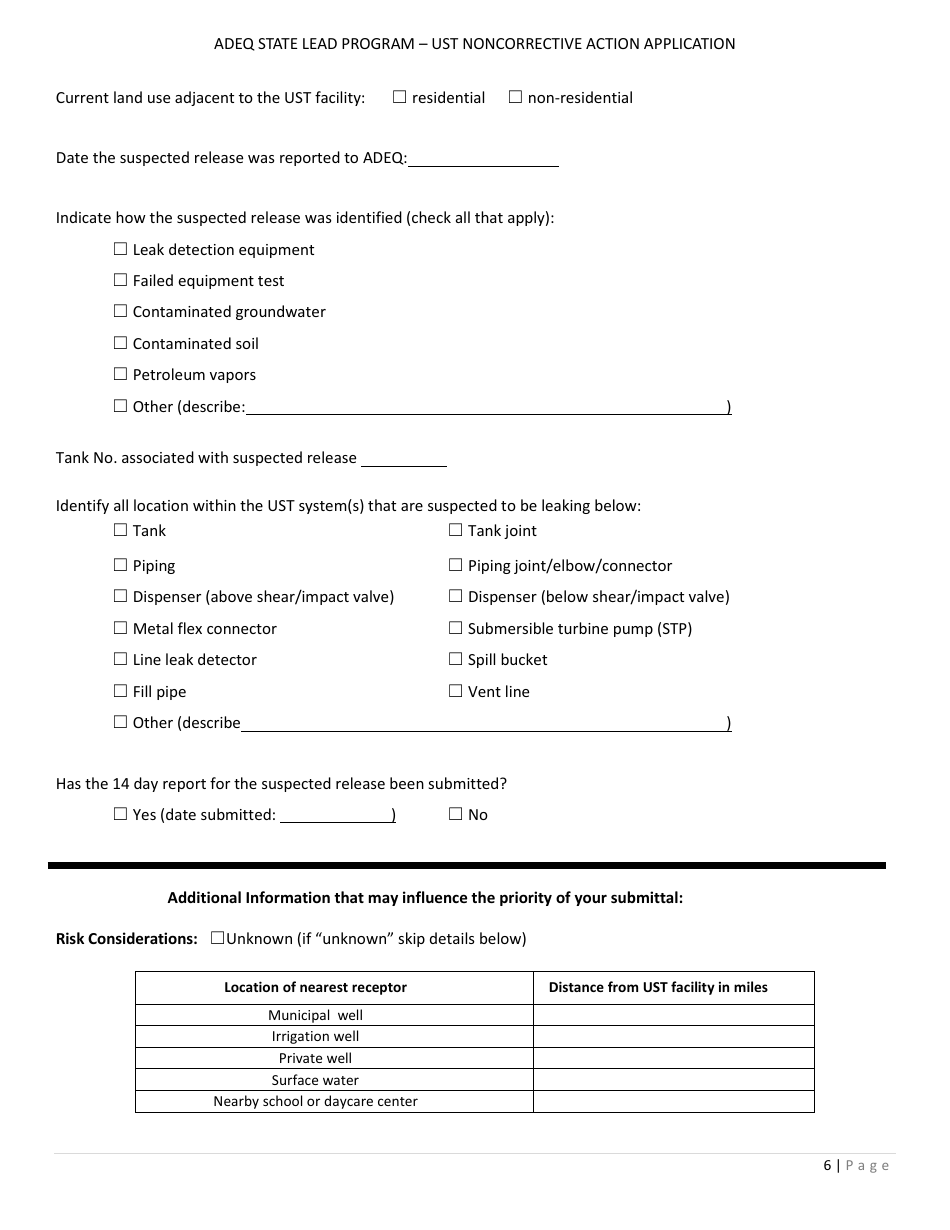 Application Form for Ust Noncorrective Action for Confirmation of Suspected Release - State Lead Program - Arizona, Page 6