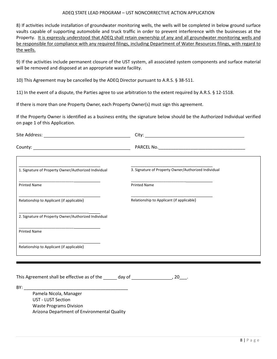 Application Form for Ust Noncorrective Action for Confirmation of Suspected Release - State Lead Program - Arizona, Page 8