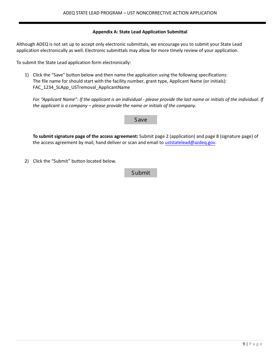 Application Form for Ust Noncorrective Action for Confirmation of Suspected Release - State Lead Program - Arizona, Page 9
