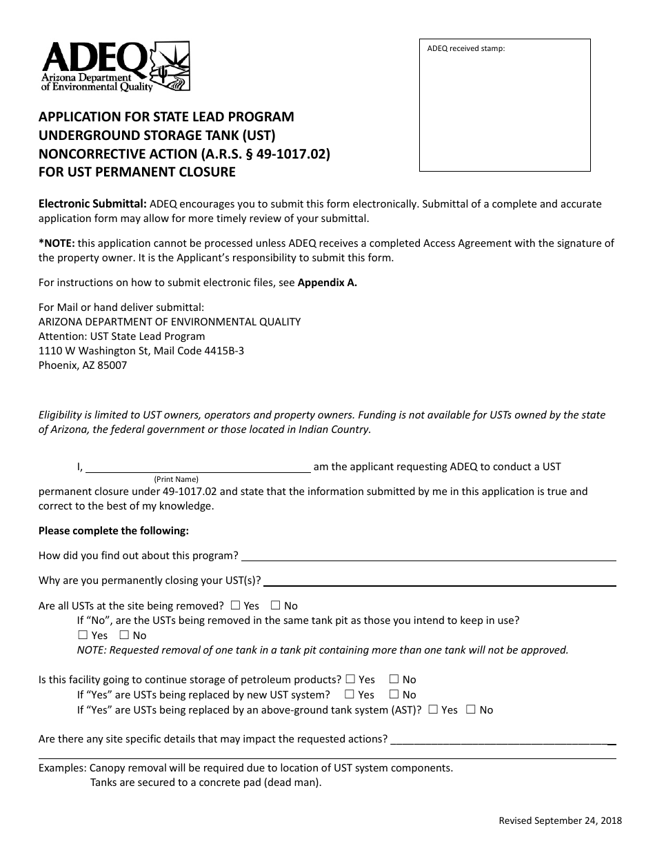 Application Form for State Lead Program - Noncorrective Action for Ust Permanent Closure - Arizona, Page 1