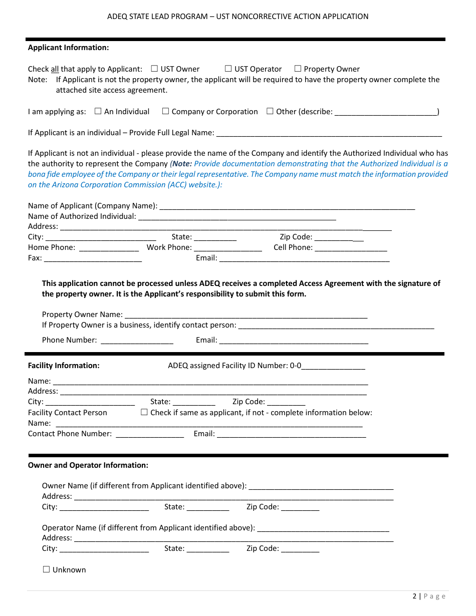 Application Form for State Lead Program - Noncorrective Action for Ust Permanent Closure - Arizona, Page 2