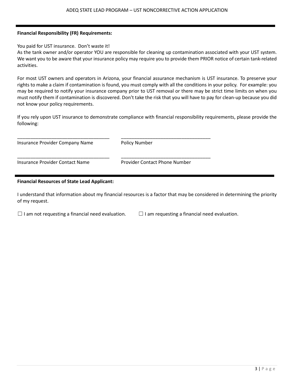 Application Form for State Lead Program - Noncorrective Action for Ust Permanent Closure - Arizona, Page 3