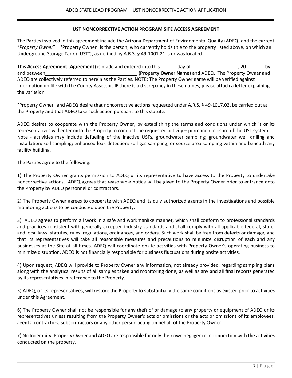 Application Form for State Lead Program - Noncorrective Action for Ust Permanent Closure - Arizona, Page 7
