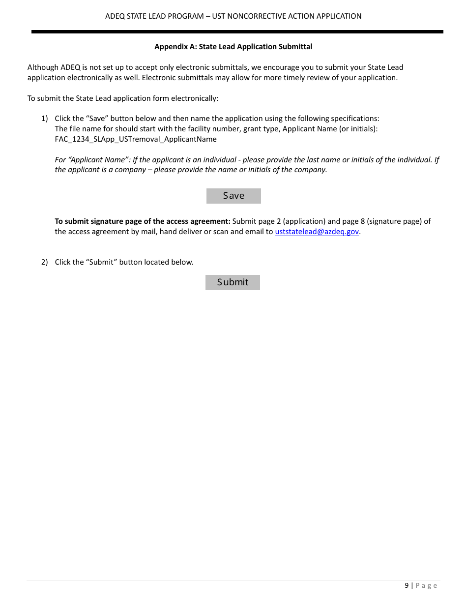 Application Form for State Lead Program - Noncorrective Action for Ust Permanent Closure - Arizona, Page 9