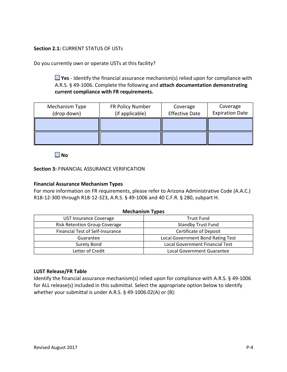Underground Storage Tank (Ust) Revolving Fund Preapproval Program Screening Form - Arizona, Page 4