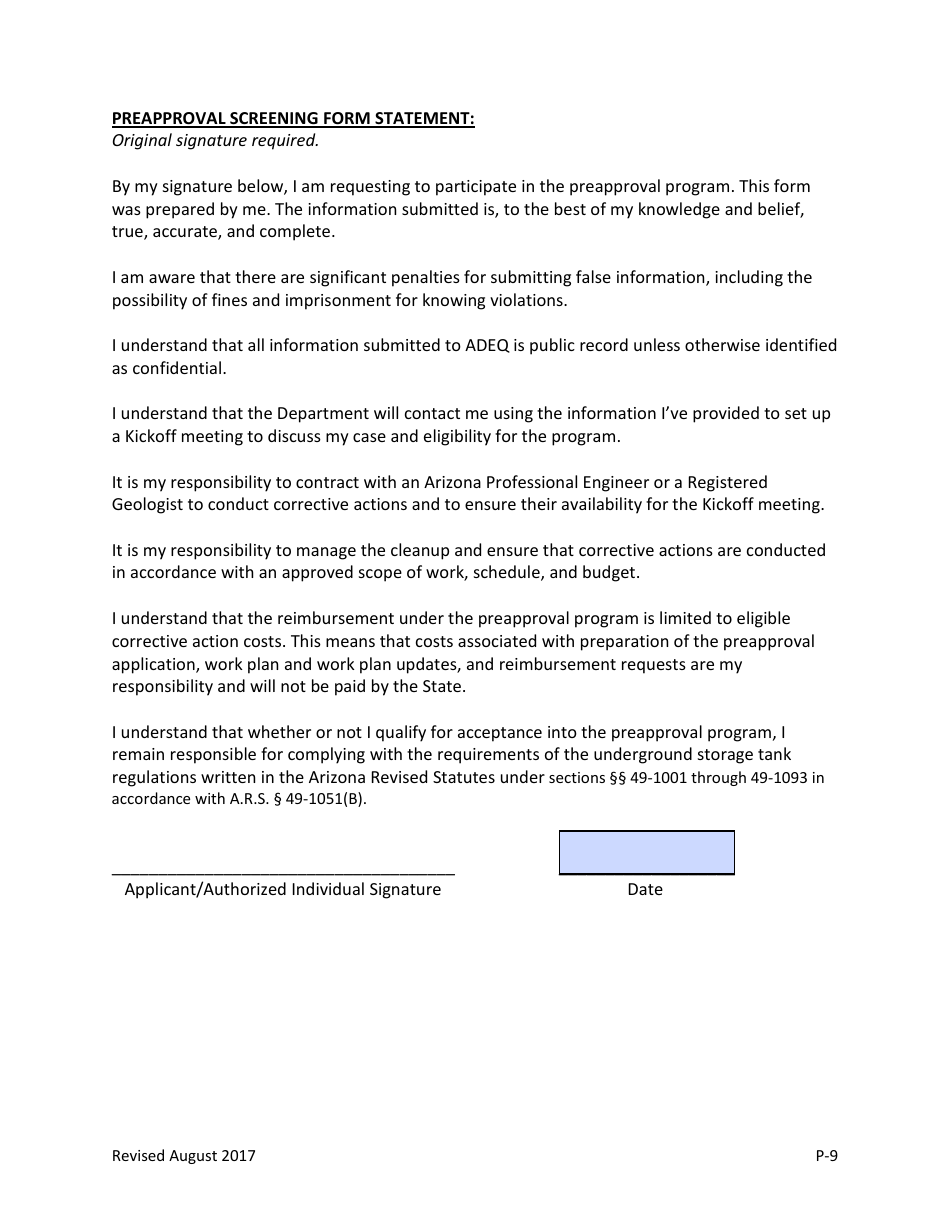 Underground Storage Tank (Ust) Revolving Fund Preapproval Program Screening Form - Arizona, Page 9
