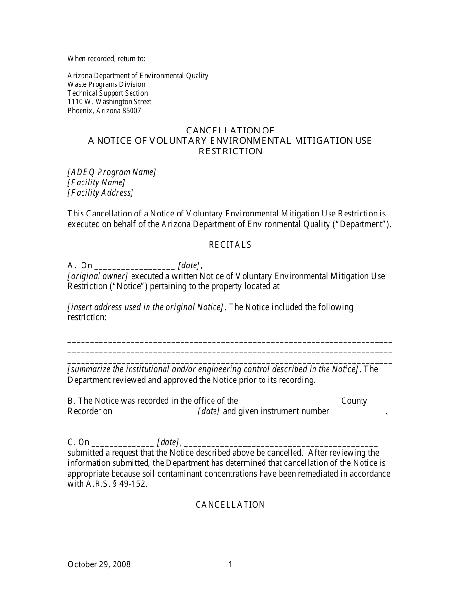 Cancellation of a Notice of Voluntary Environmental Mitigation Use Restriction - Arizona, Page 1