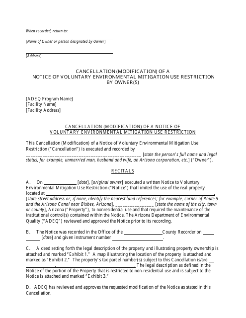 Cancellation (Modification) of a Notice of Voluntary Environmental Mitigation Use Restriction by Owner(S) - Arizona Download Pdf