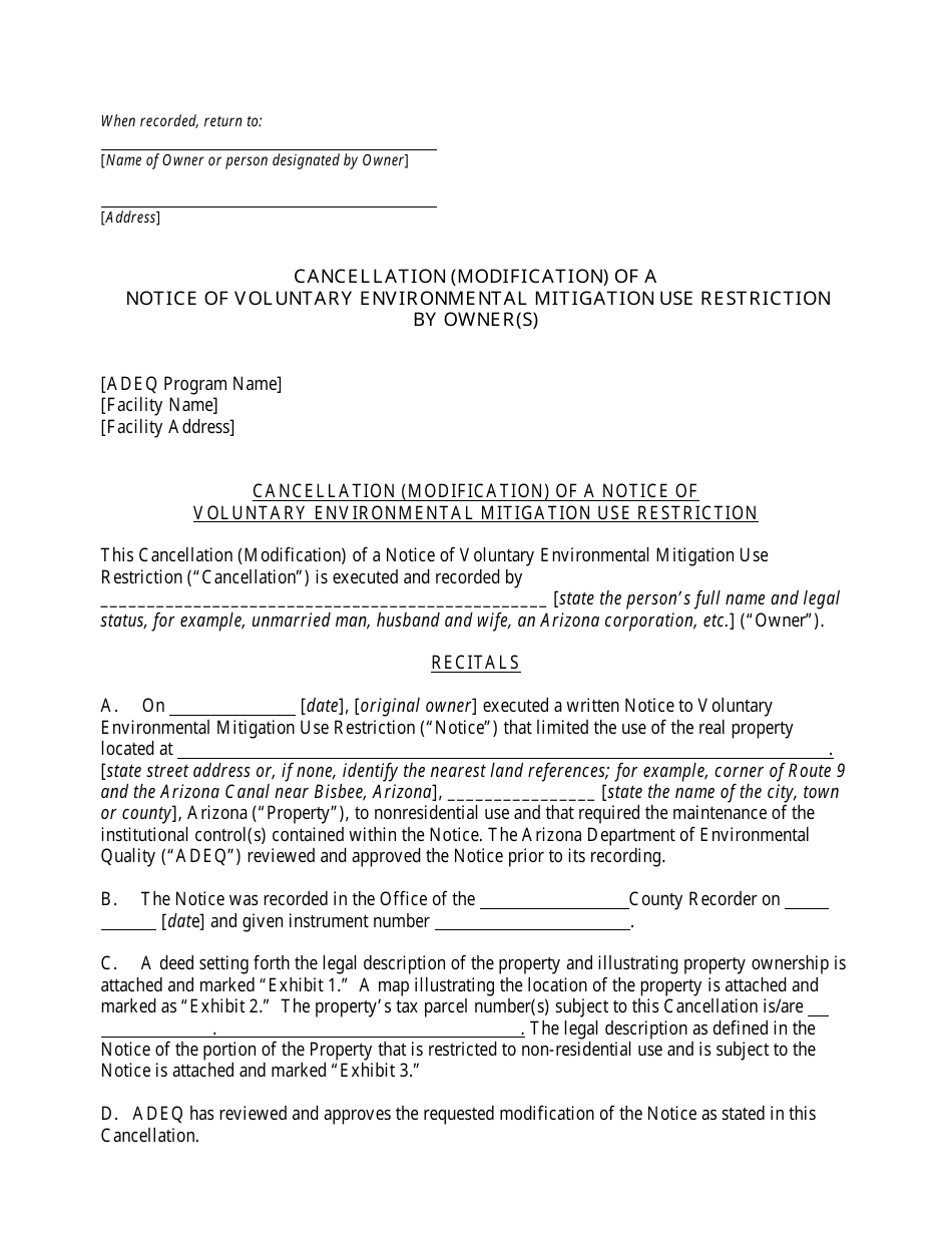 Cancellation (Modification) of a Notice of Voluntary Environmental Mitigation Use Restriction by Owner(S) - Arizona, Page 1