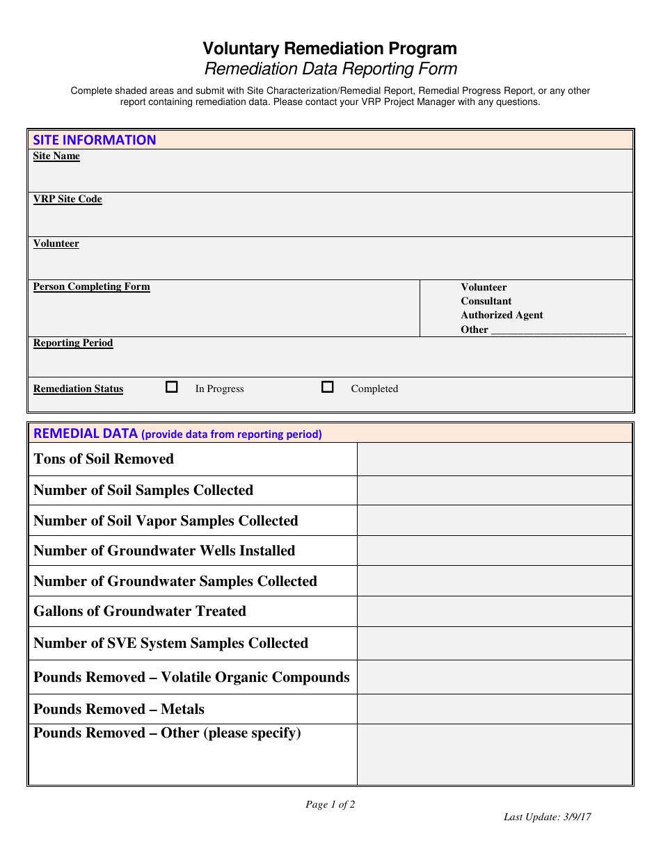 Remediation Data Reporting Form - Voluntary Remediation Program - Arizona, Page 1