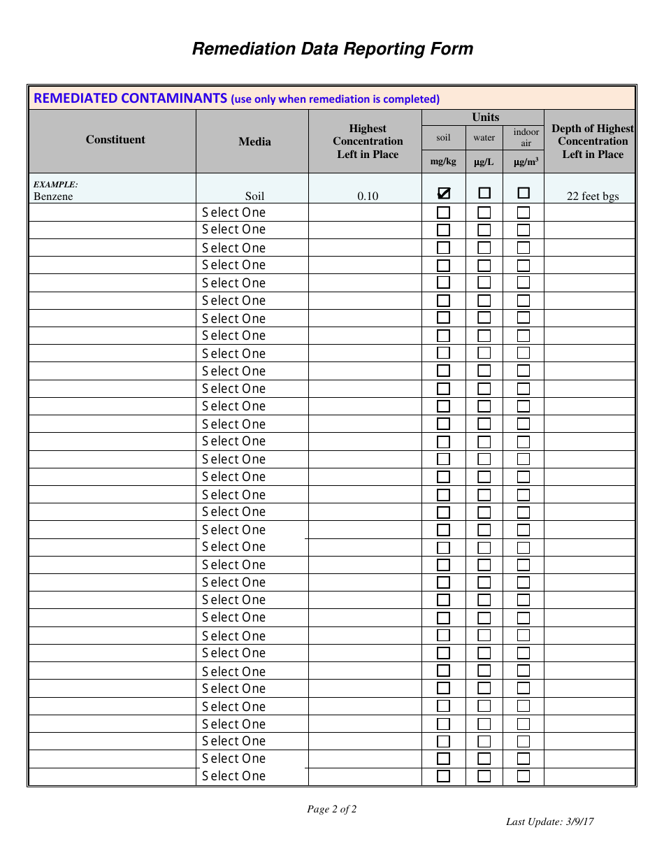 Remediation Data Reporting Form - Voluntary Remediation Program - Arizona, Page 2