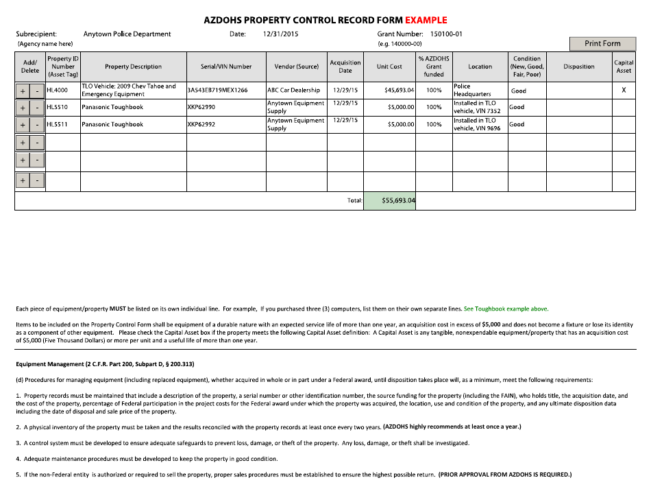 Sample Property Control Record Form - Arizona, Page 1