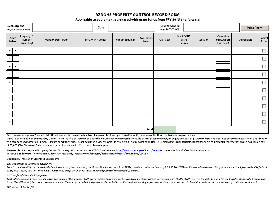 Property Control Record Form - Arizona, Page 1