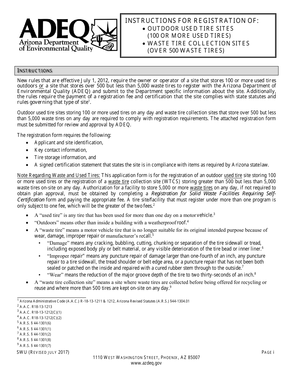 Registration Form for Outdoor Used Tire Storage Site / Waste Tire Collection Site - Arizona, Page 1