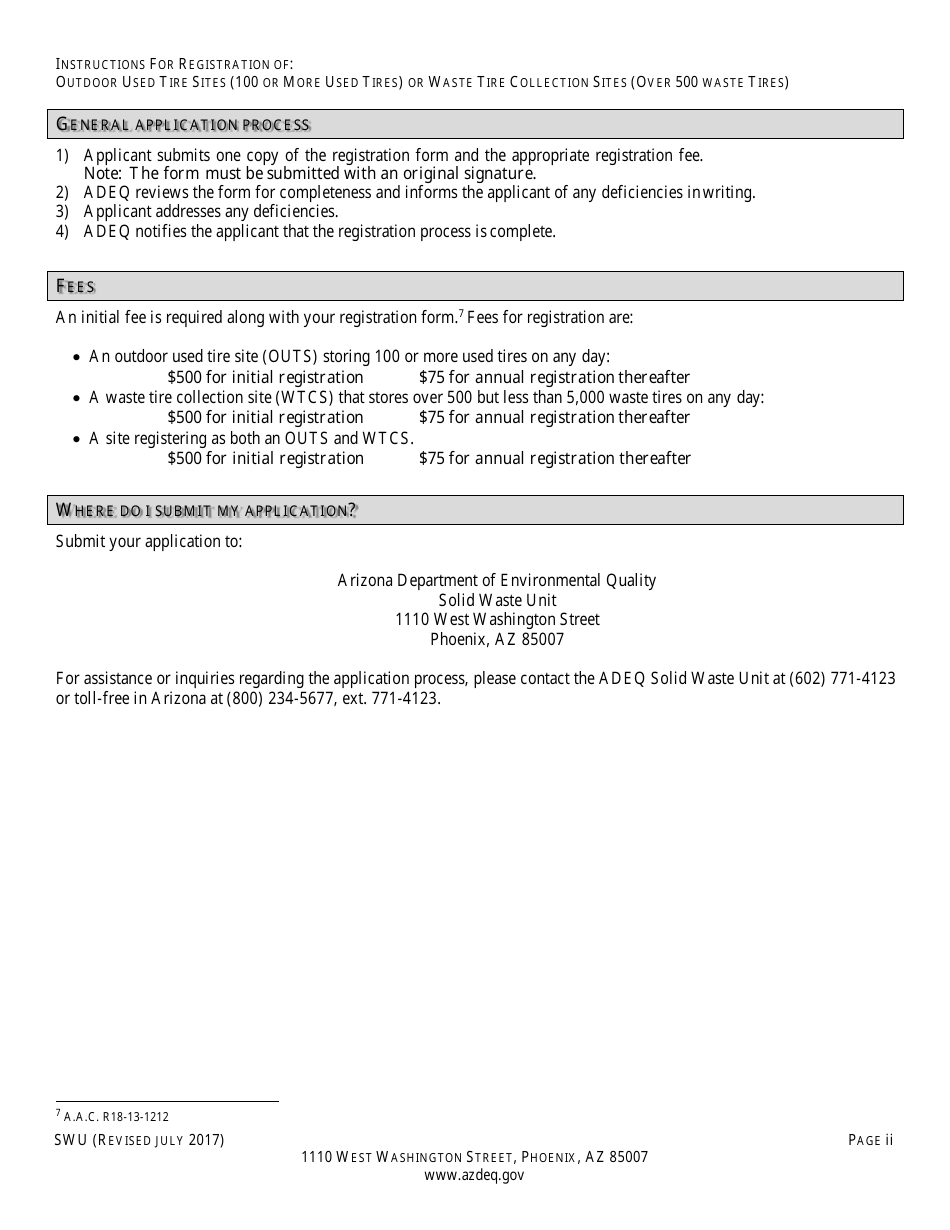 Registration Form for Outdoor Used Tire Storage Site / Waste Tire Collection Site - Arizona, Page 2