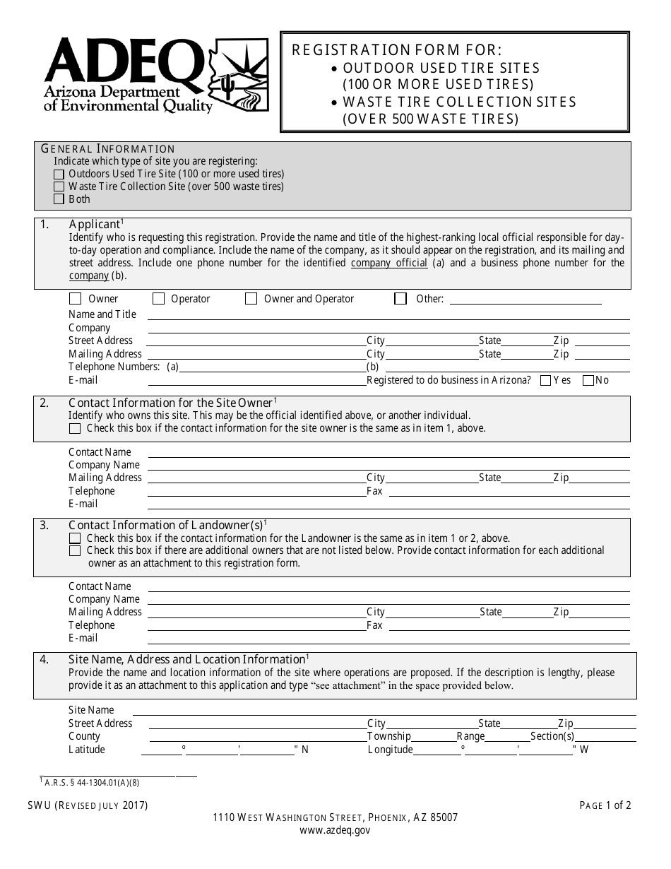 Registration Form for Outdoor Used Tire Storage Site / Waste Tire Collection Site - Arizona, Page 3
