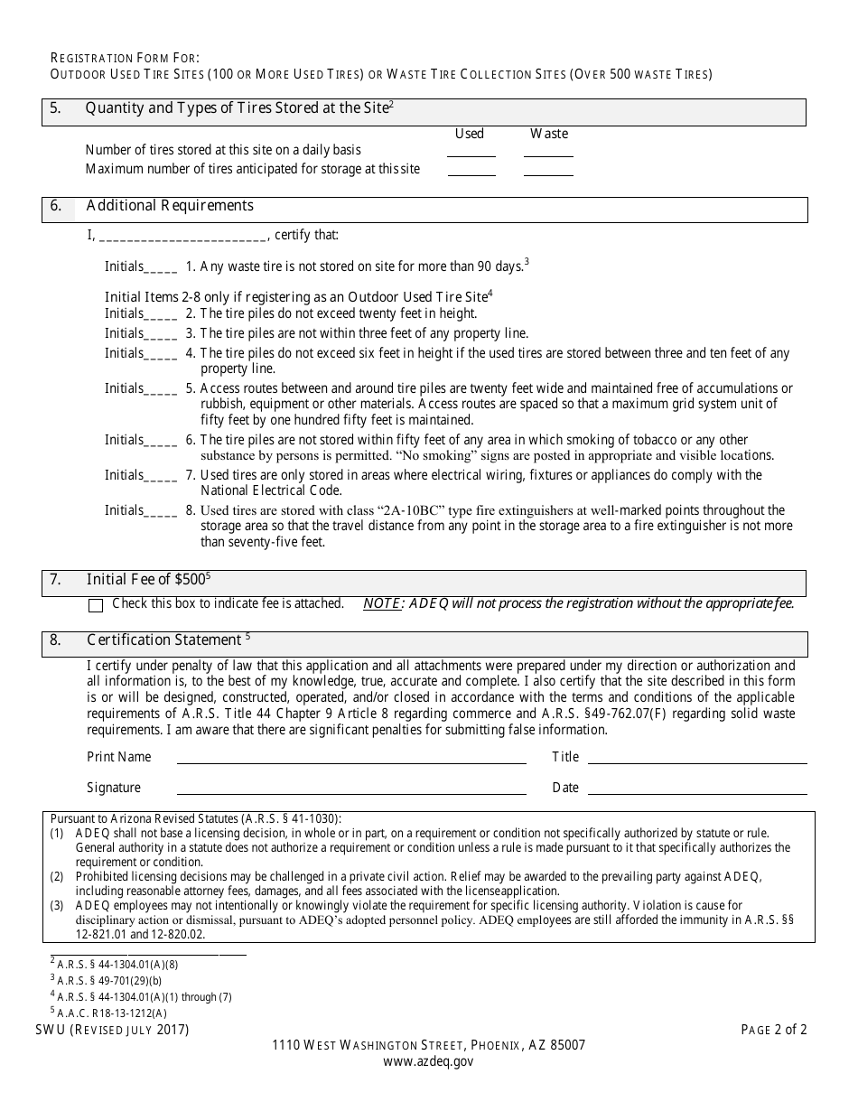 Registration Form for Outdoor Used Tire Storage Site / Waste Tire Collection Site - Arizona, Page 4