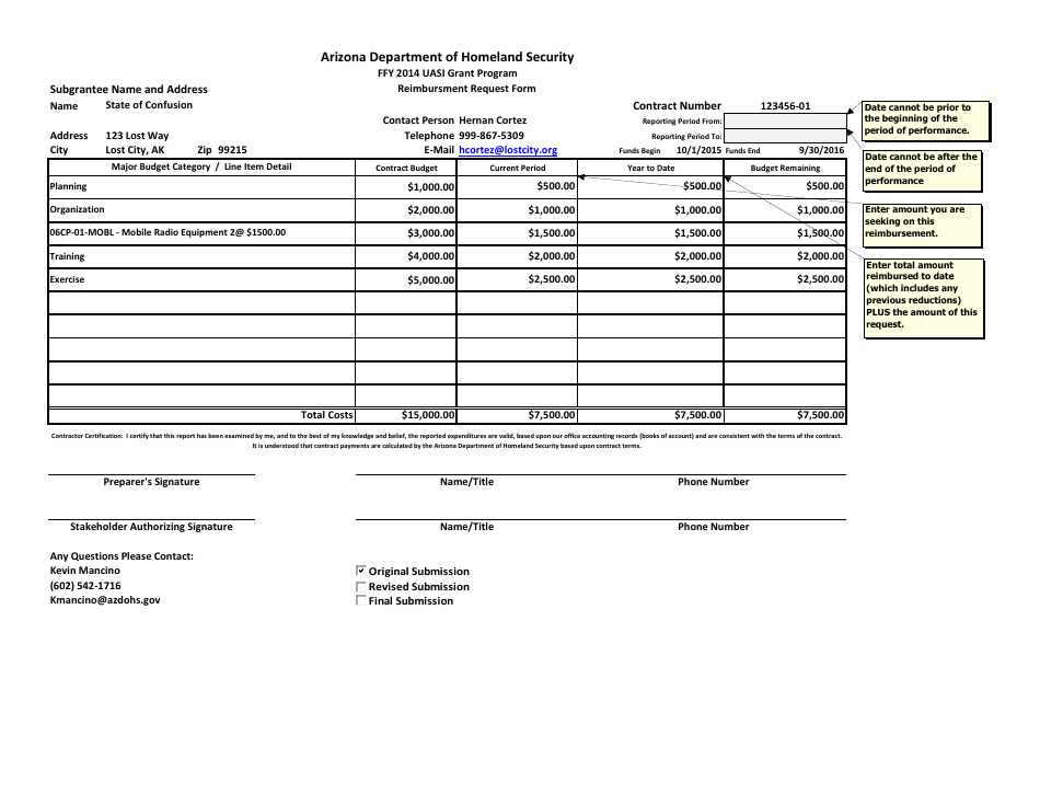 Sample Reimbursment Request Form - Uasi Grant Program - Arizona, Page 1