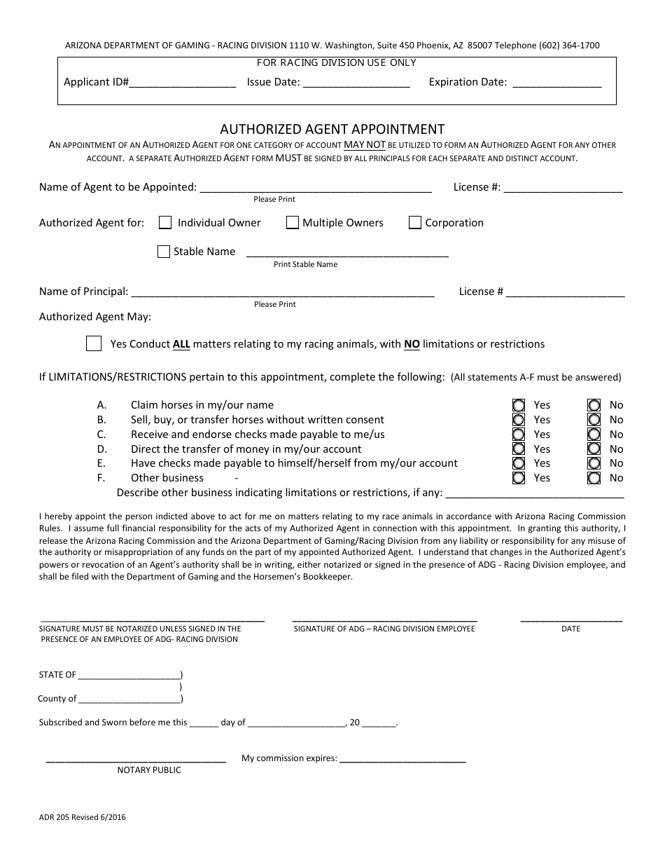 Form ADR205 Authorized Agent Appointment - Arizona, Page 1