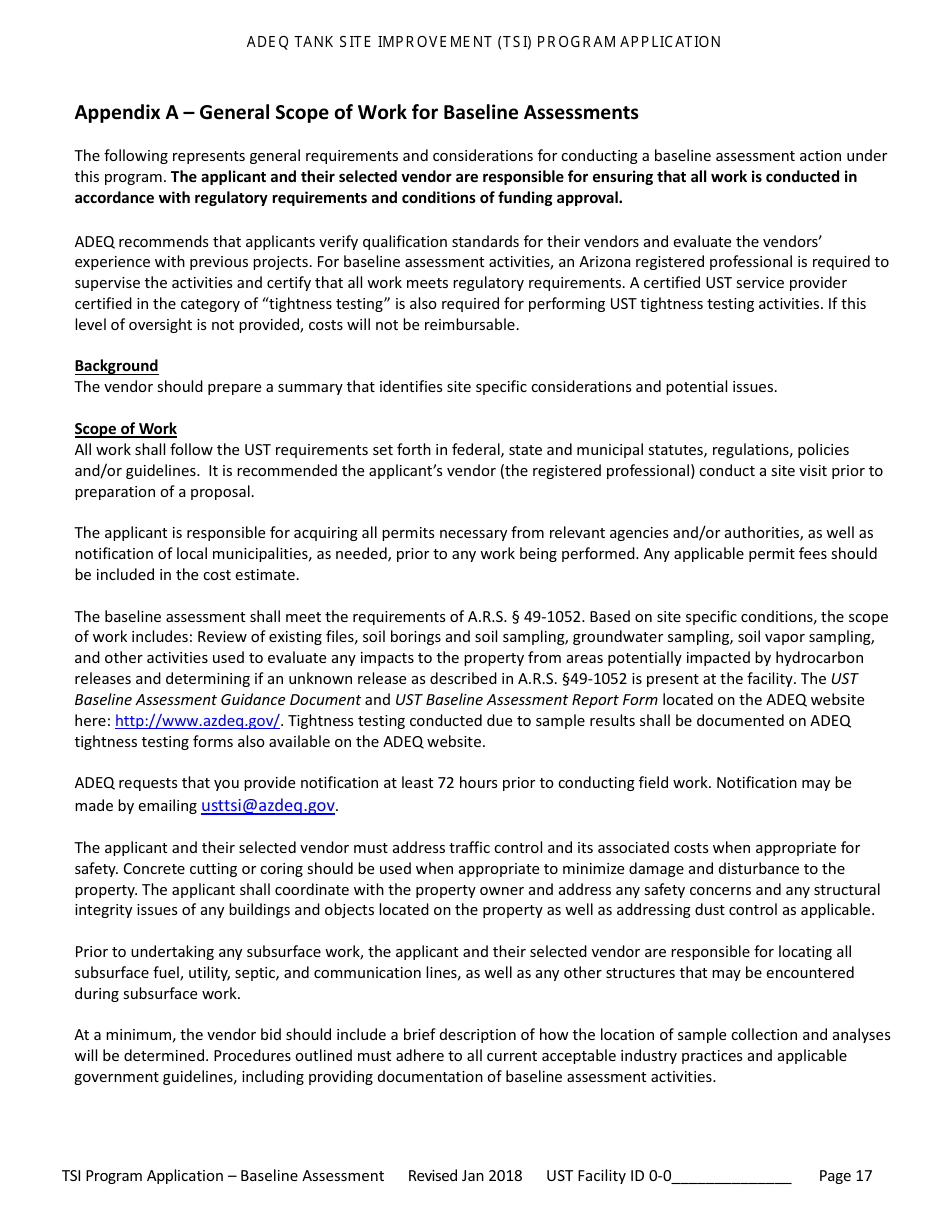 Application for Ust Baseline Assessment - Tank Site Improvement (Tsi) Program - Arizona, Page 18