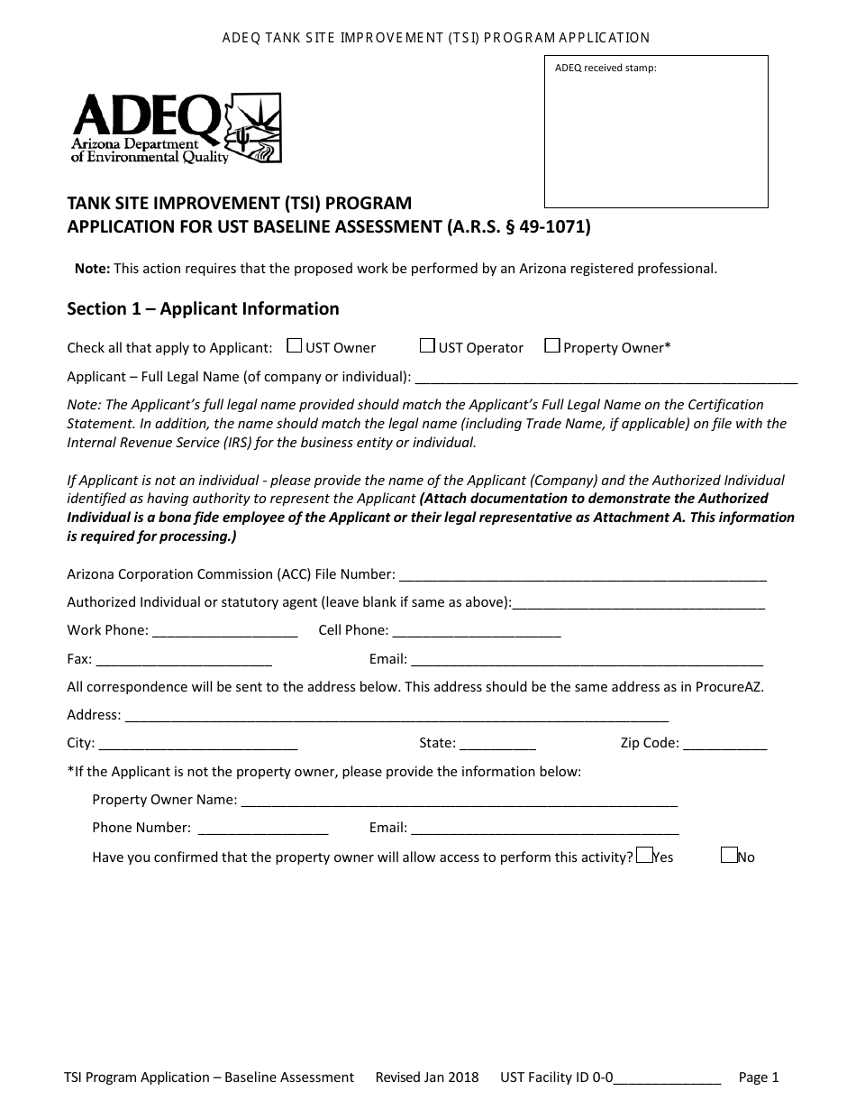 Application for Ust Baseline Assessment - Tank Site Improvement (Tsi) Program - Arizona, Page 2
