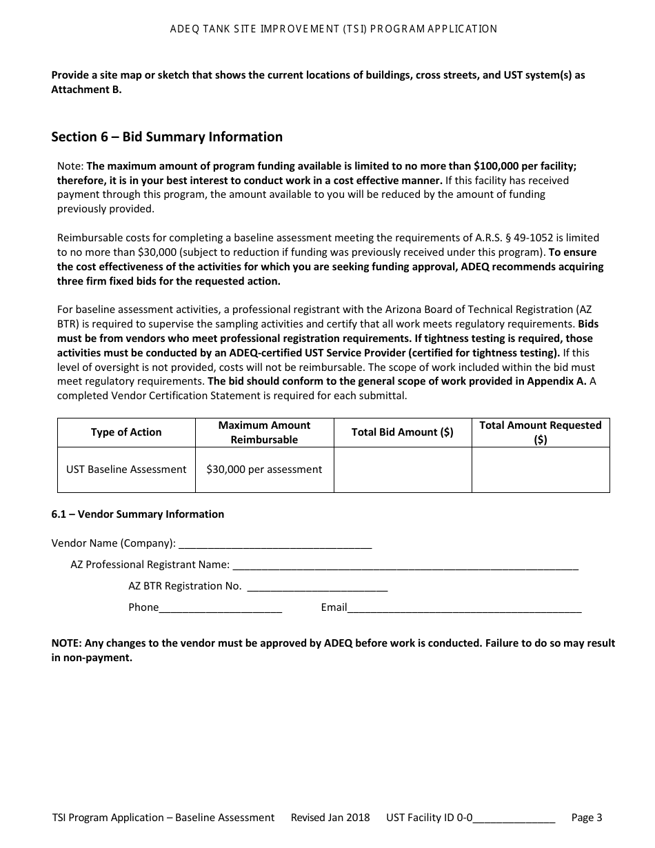 Application for Ust Baseline Assessment - Tank Site Improvement (Tsi) Program - Arizona, Page 4