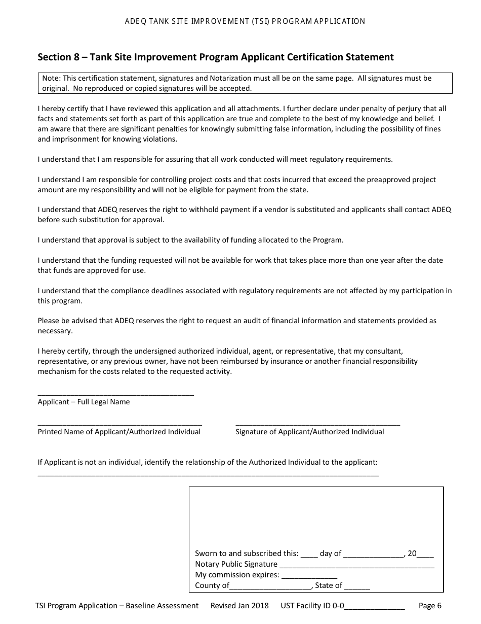 Application for Ust Baseline Assessment - Tank Site Improvement (Tsi) Program - Arizona, Page 7