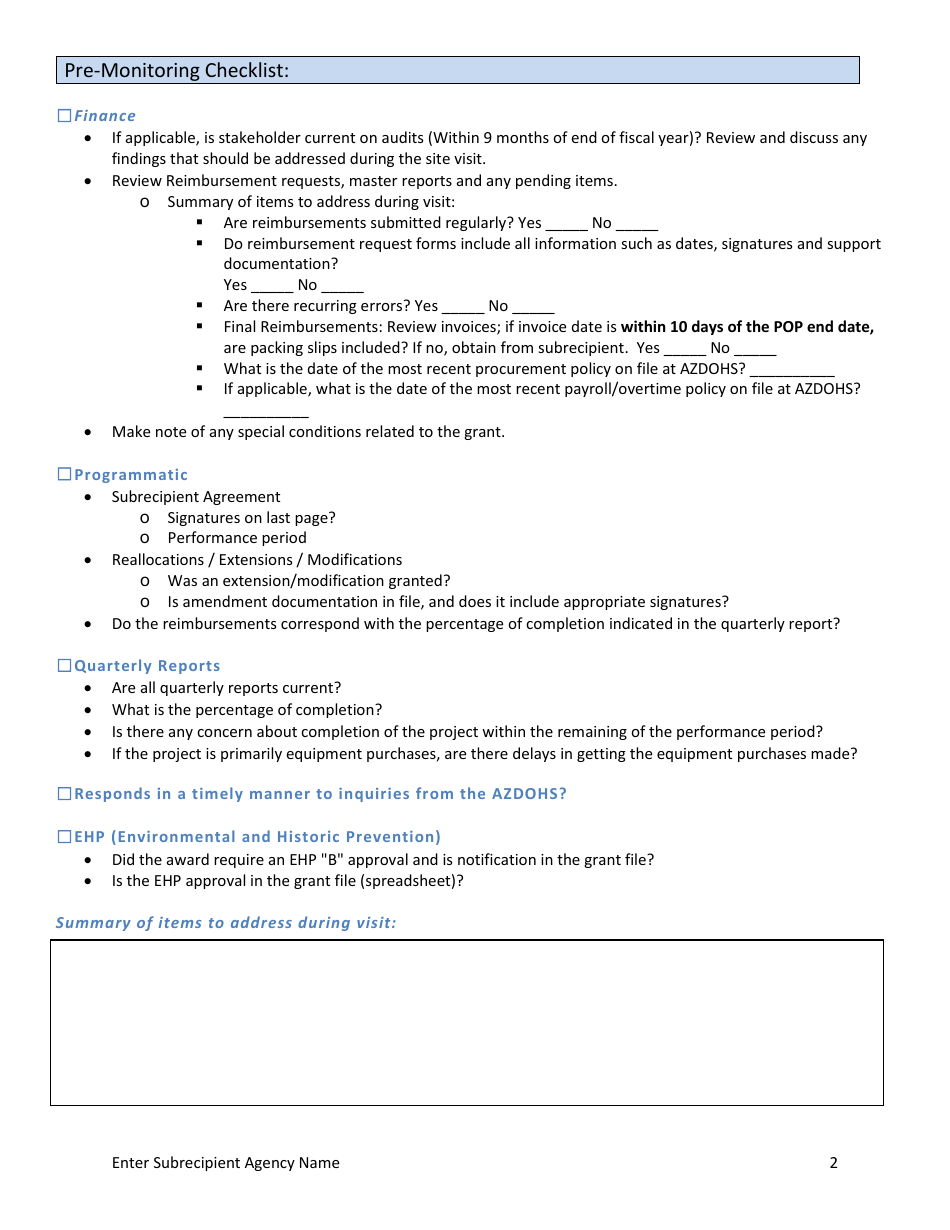 Site Monitoring Form - Arizona, Page 2