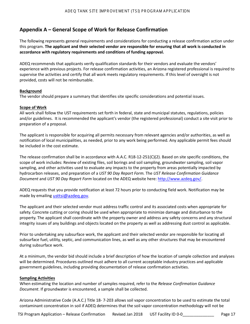Application for Ust Release Confirmation - Tank Site Improvement (Tsi) Program - Arizona, Page 18