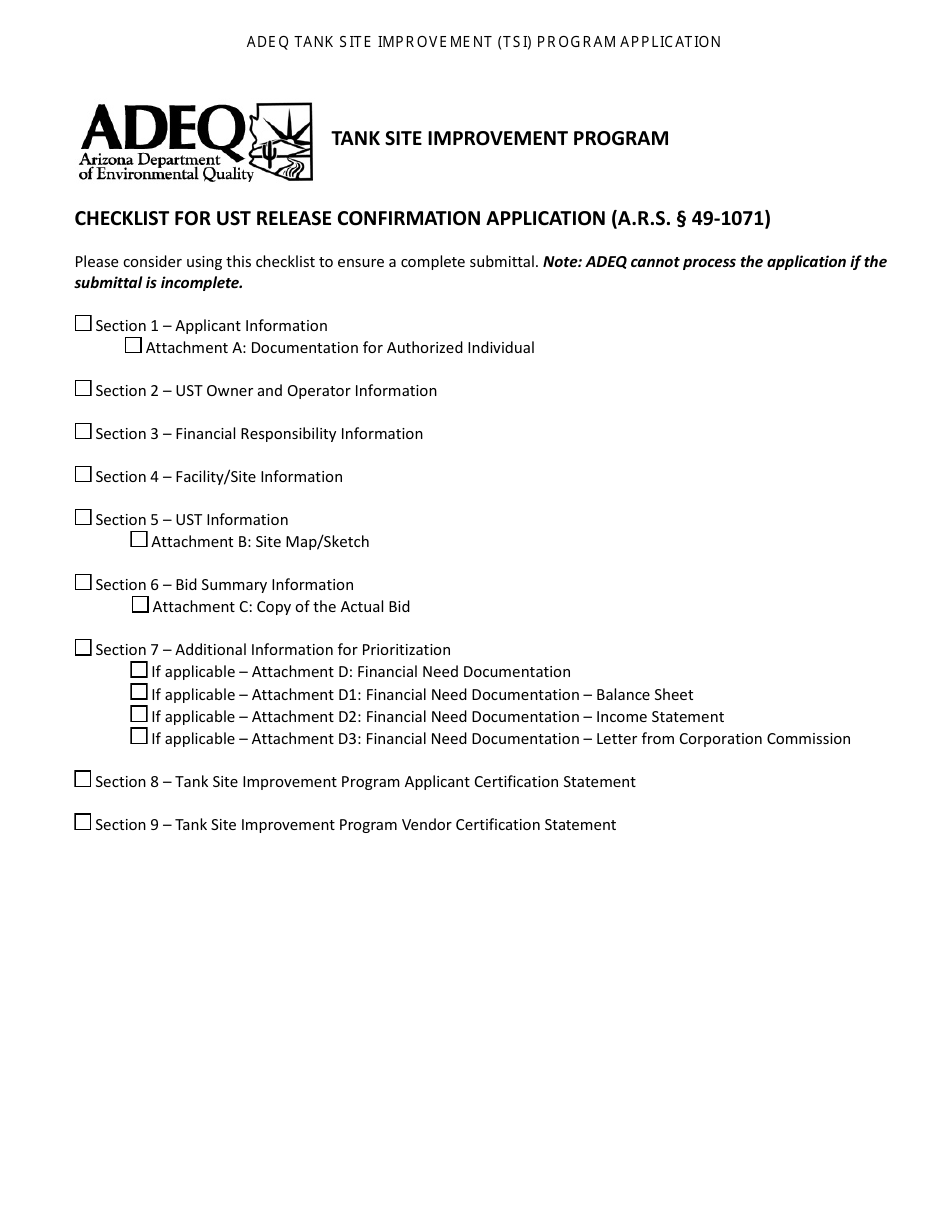 Application for Ust Release Confirmation - Tank Site Improvement (Tsi) Program - Arizona, Page 1