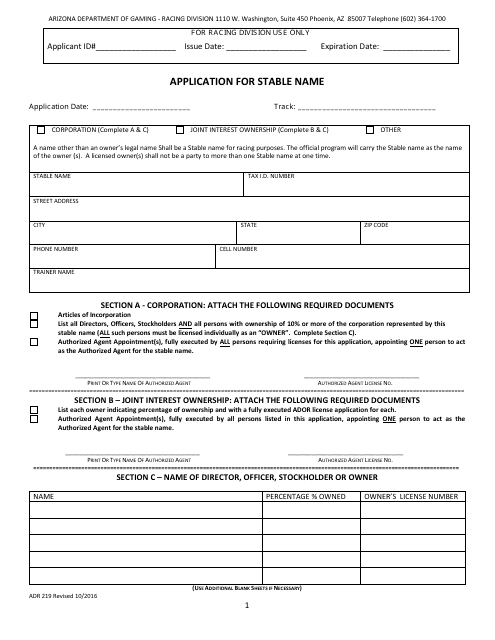 Form ADR219 Application for Stable Name - Arizona