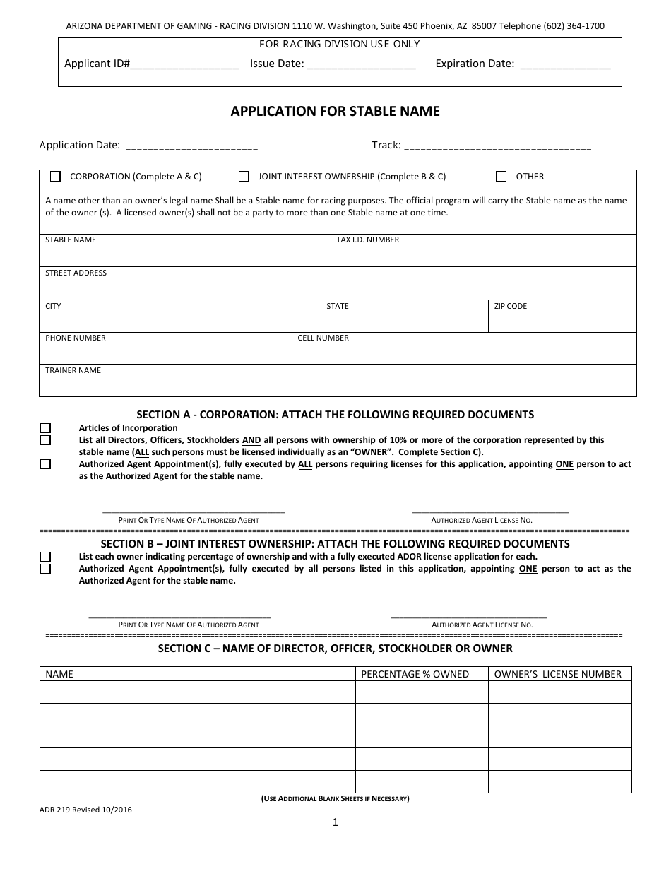 Form ADR219 Application for Stable Name - Arizona, Page 1