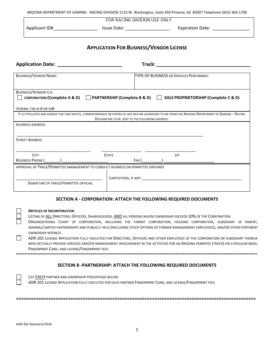 Form ADR202 Application for Business / Vendor License - Arizona, Page 1