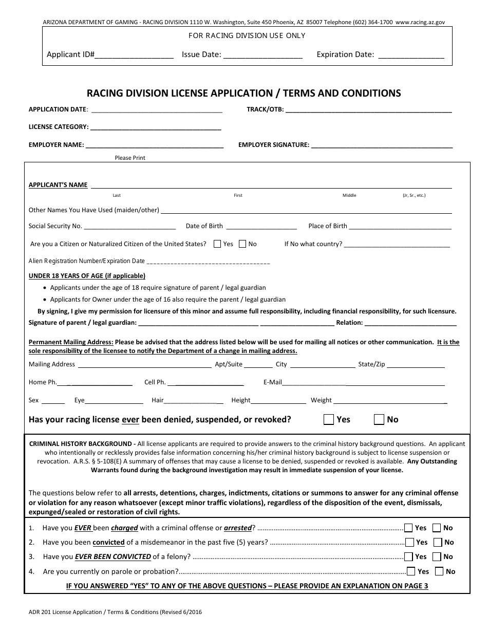 Form ADR201 Racing Division License Application / Terms and Conditions - Arizona, Page 3
