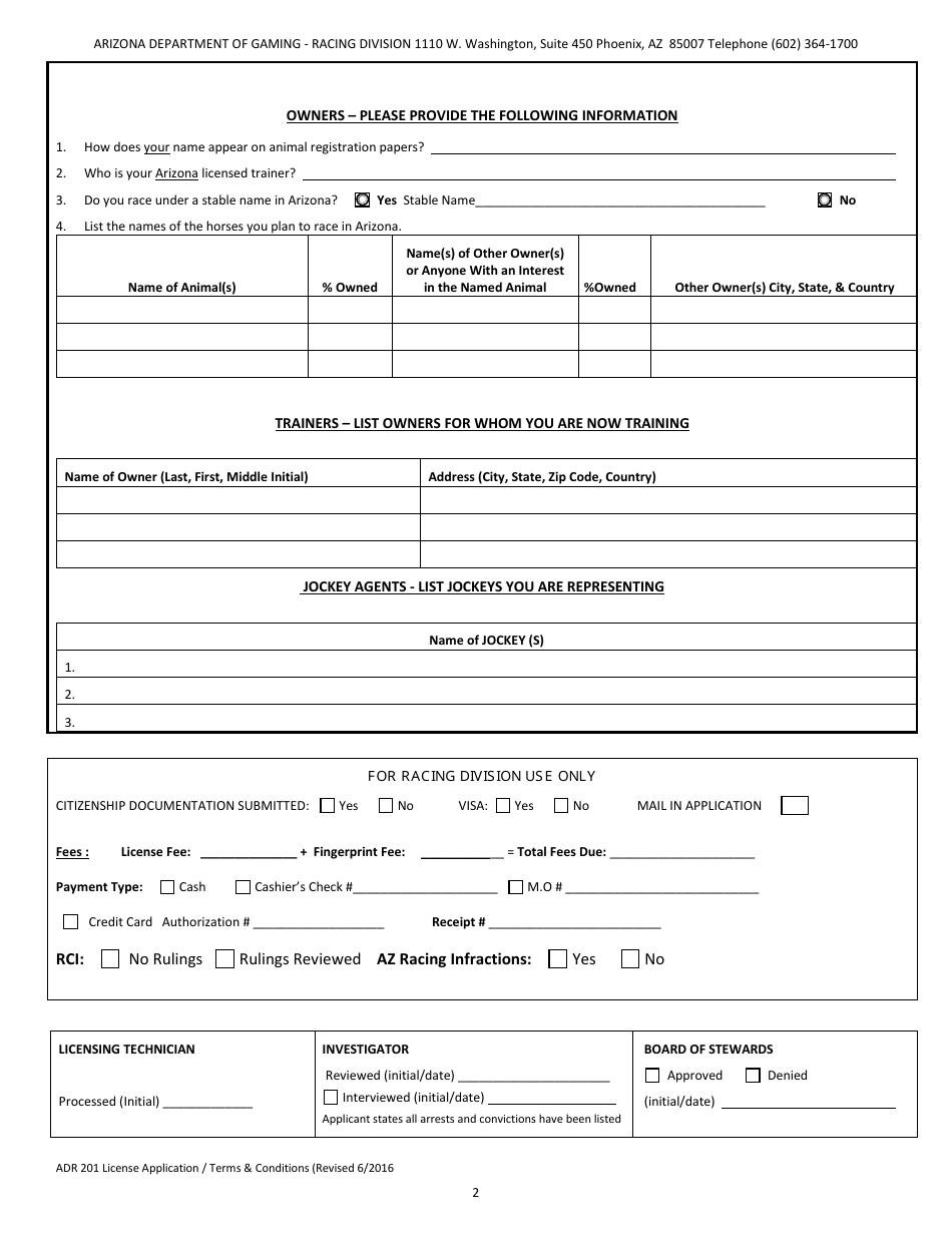 Form ADR201 Racing Division License Application / Terms and Conditions - Arizona, Page 4