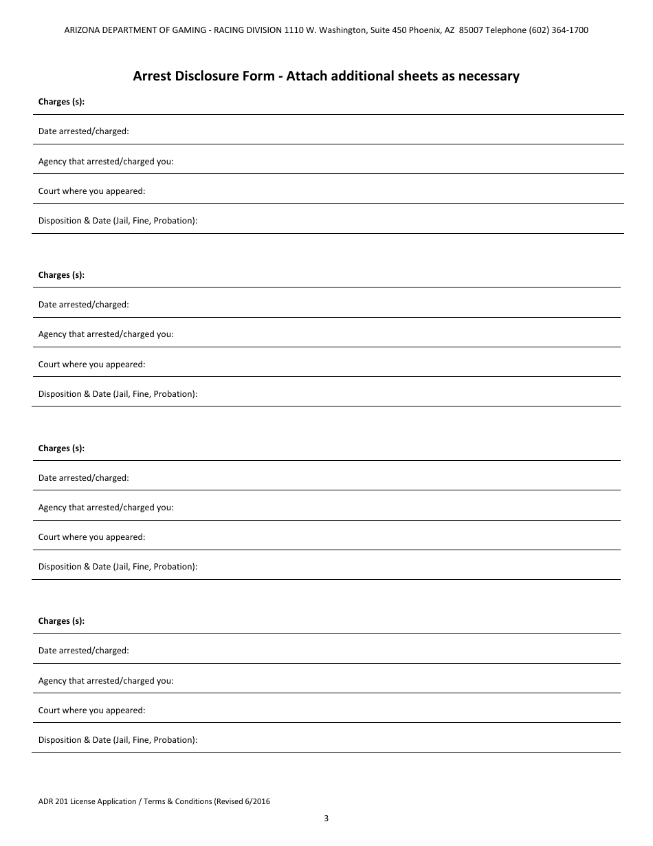 Form ADR201 Racing Division License Application / Terms and Conditions - Arizona, Page 5