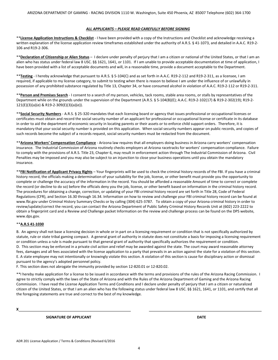 Form ADR201 Racing Division License Application / Terms and Conditions - Arizona, Page 6