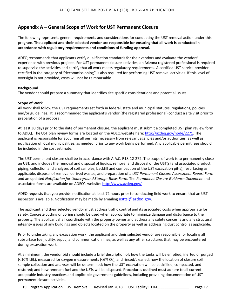 Application for Ust Permanent Closure - Tank Site Improvement (Tsi) Program - Arizona, Page 18