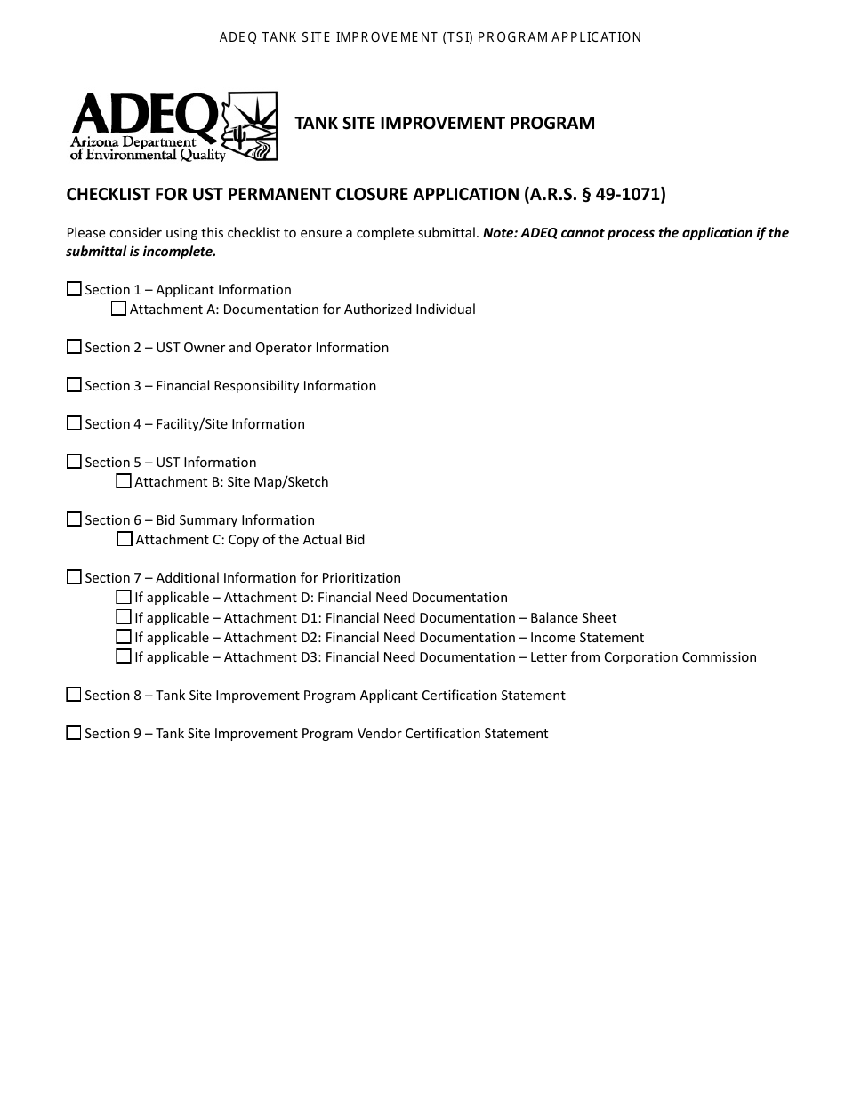 Application for Ust Permanent Closure - Tank Site Improvement (Tsi) Program - Arizona, Page 1