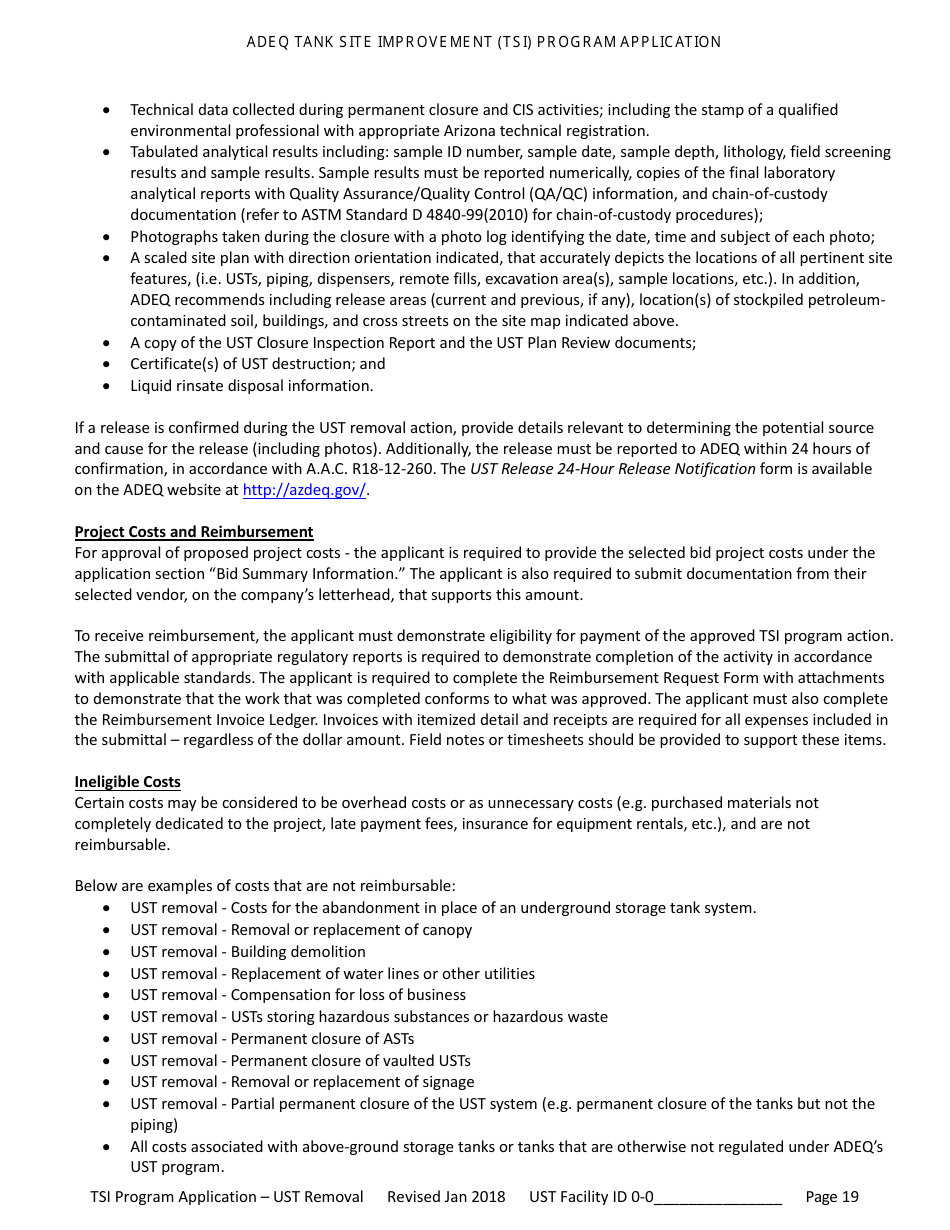 Application for Ust Permanent Closure - Tank Site Improvement (Tsi) Program - Arizona, Page 20