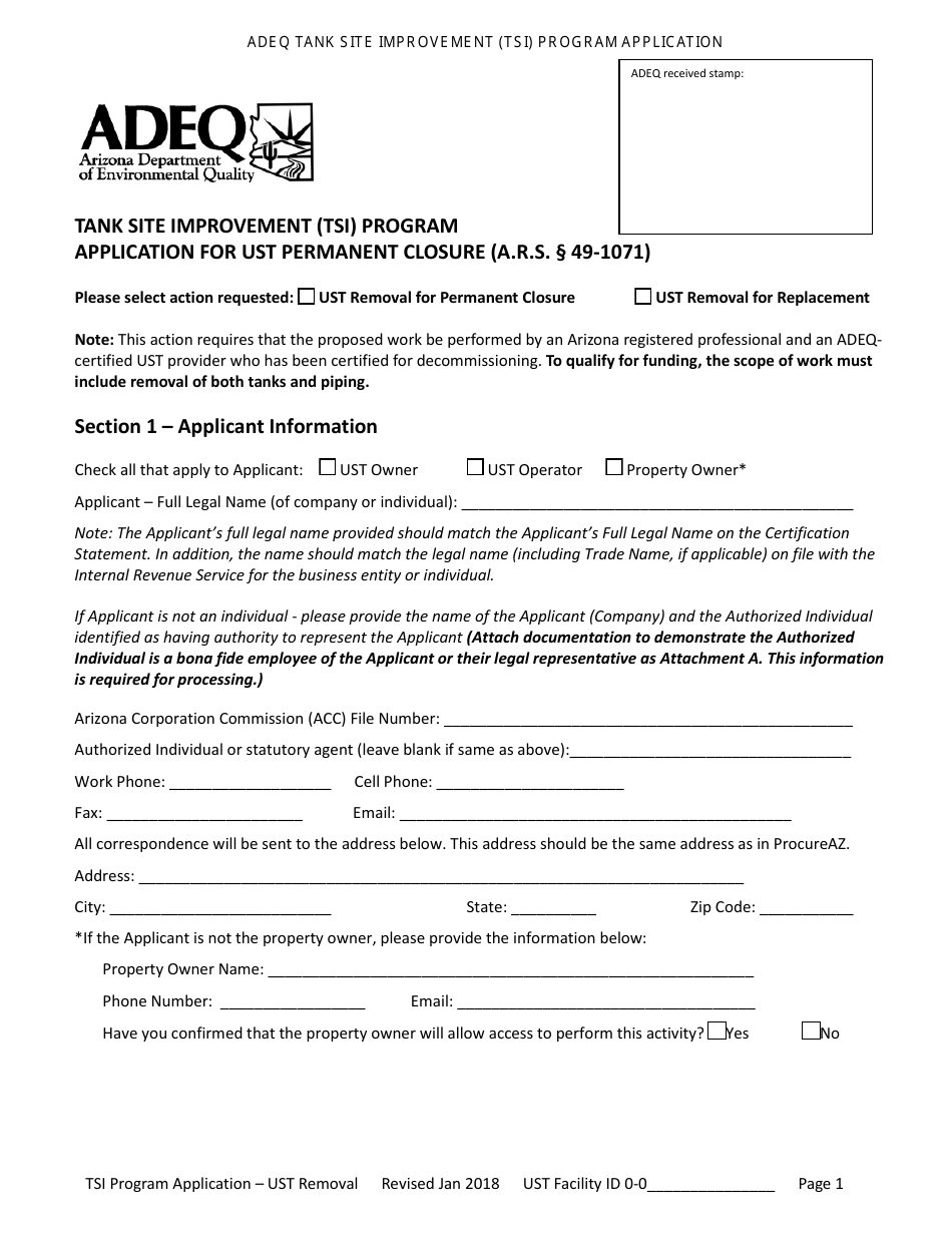 Application for Ust Permanent Closure - Tank Site Improvement (Tsi) Program - Arizona, Page 2