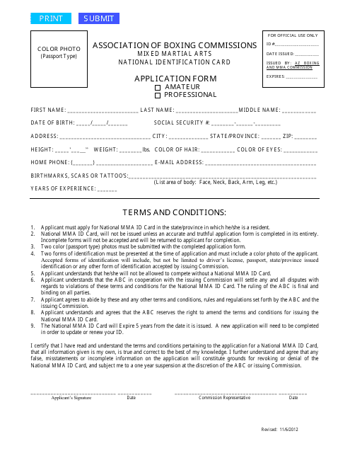 Mma National Identification Card Application Form for Amateur/Professional - Arizona