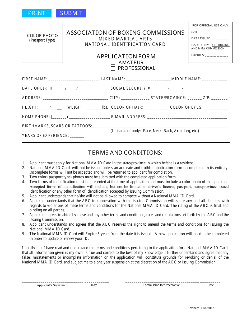 Mma National Identification Card Application Form for Amateur / Professional - Arizona, Page 1