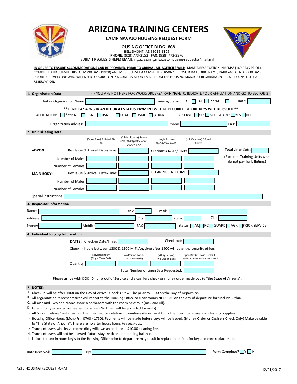 Arizona Camp Navajo Housing Request Form Fill Out, Sign Online and