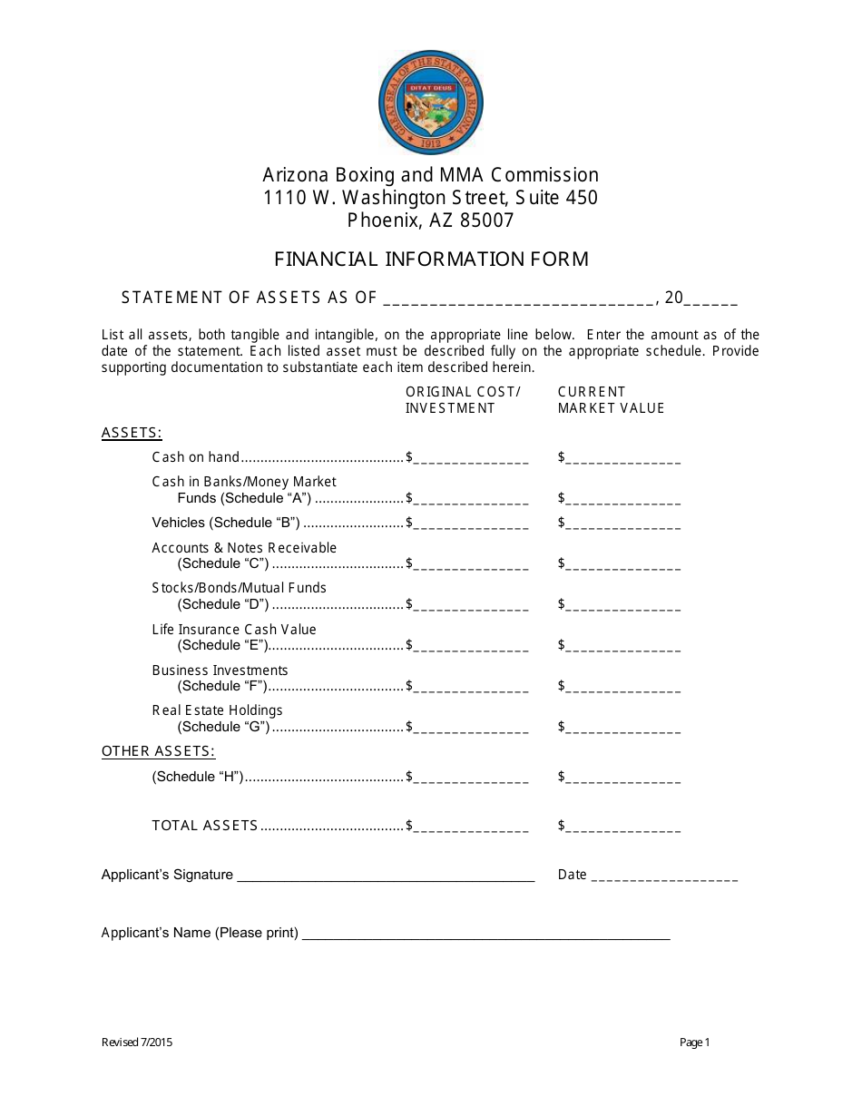 Financial Information Form - Arizona, Page 1