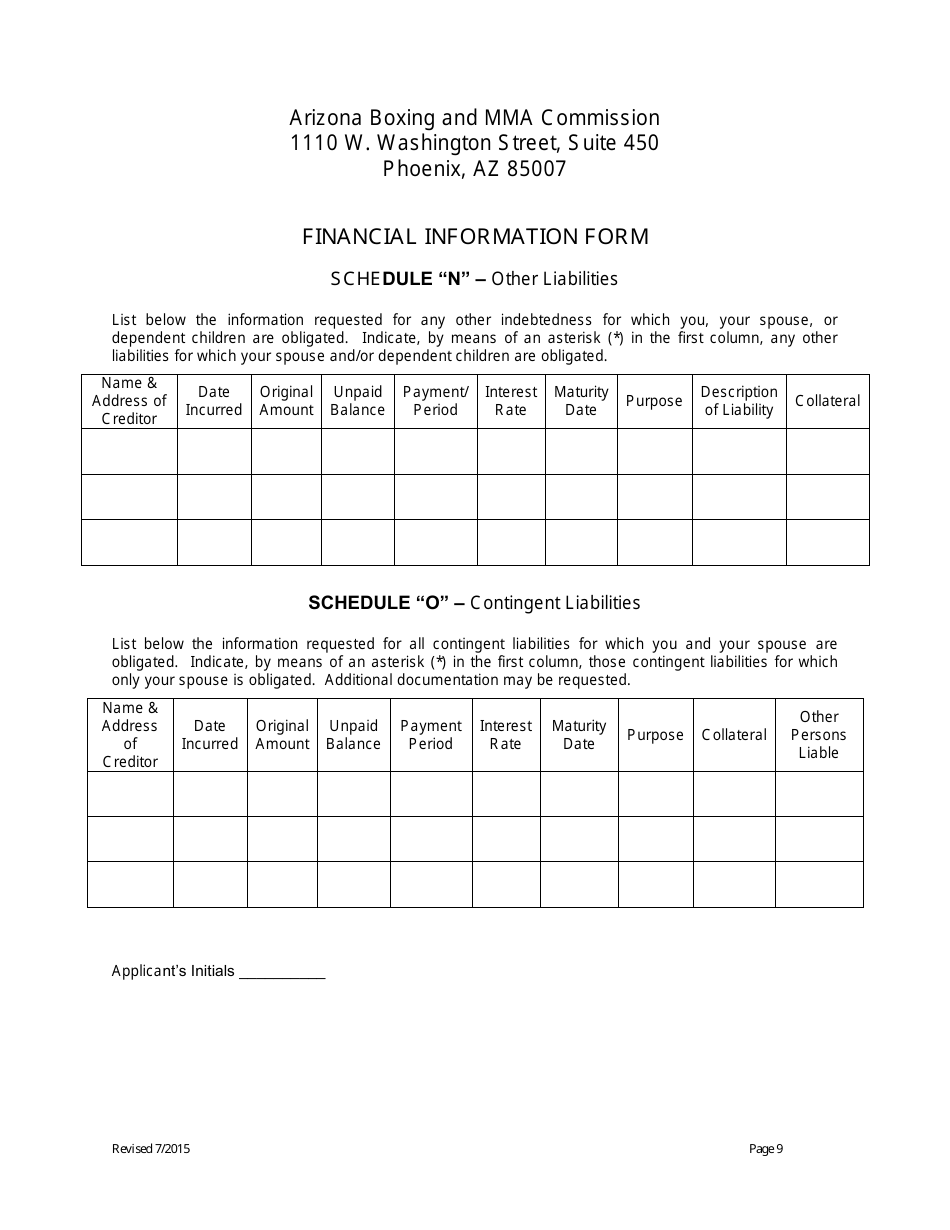 Financial Information Form - Arizona, Page 9
