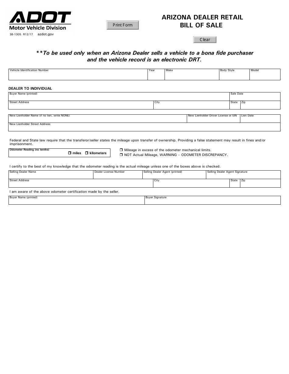 Form 38-1305 Arizona Dealer Retail Bill of Sale - Arizona, Page 1